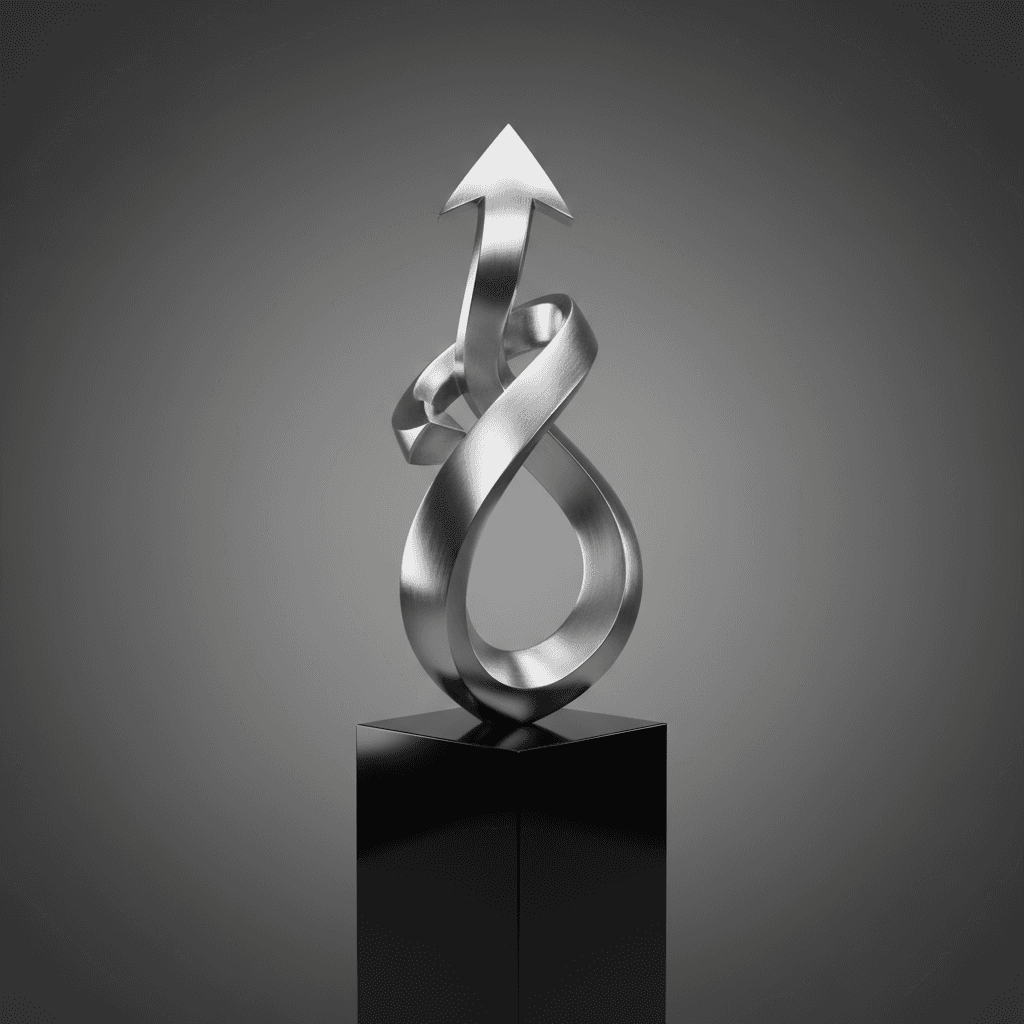 반사되는 검은색 표면에서 솟아오르는 부드럽고 금속성의 은색 추상적인 3D 화살표 조형물. 스튜디오 조명, 우아하고 현대적인 예술.