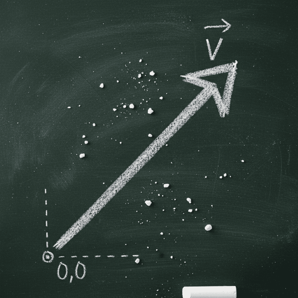 분필 먼지가 떠다니는 분필로 그려진 간단한 화살표 그림, 수학적 벡터를 보여준다.