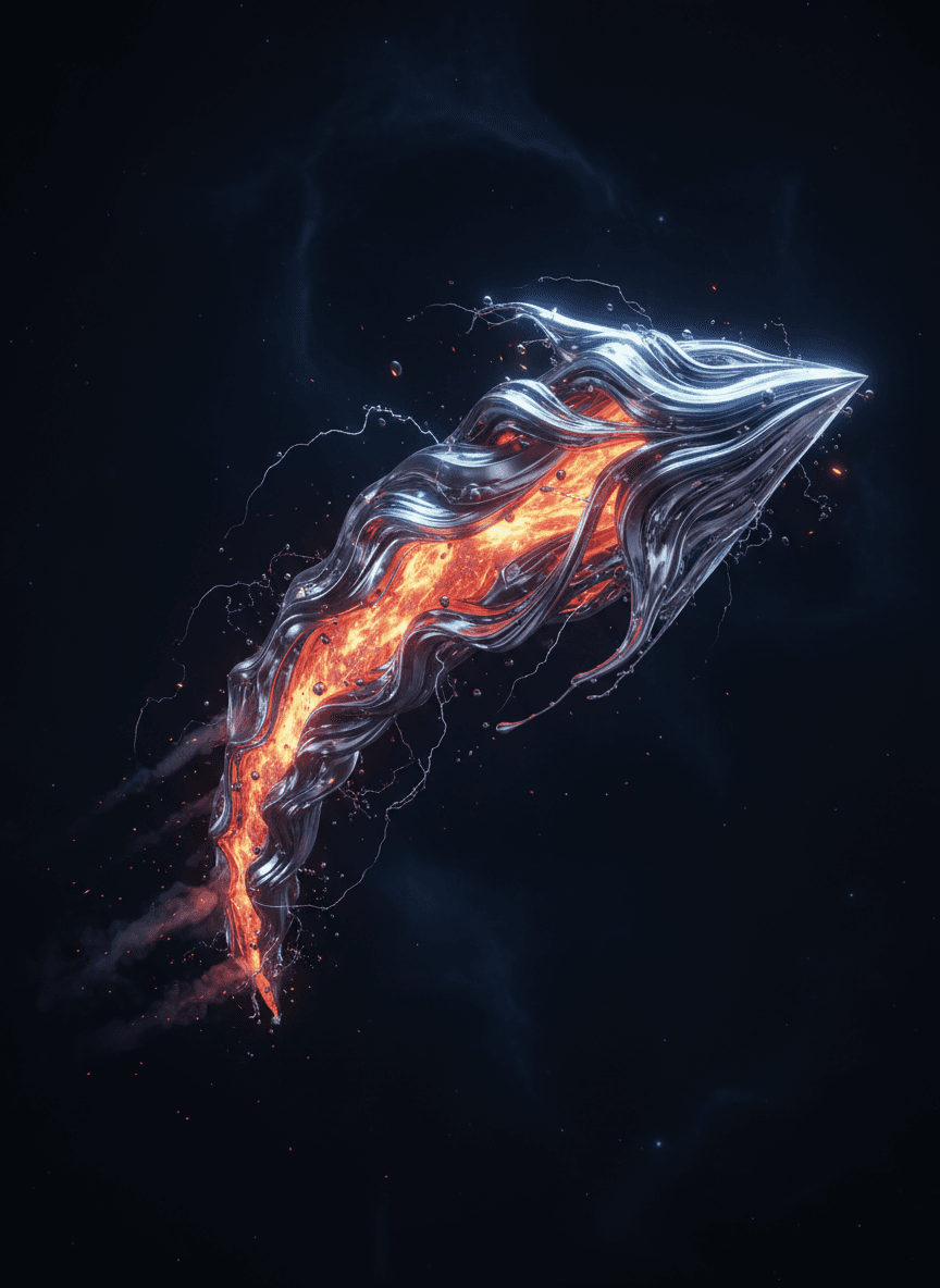 용융 코어를 가진 액체 금속으로 구성된 역동적이고 휘두르는 화살표의 디지털 아트 렌더링. 빠른 움직임을 보여주며, 어두운 배경에 미묘한 불꽃이 있다.
