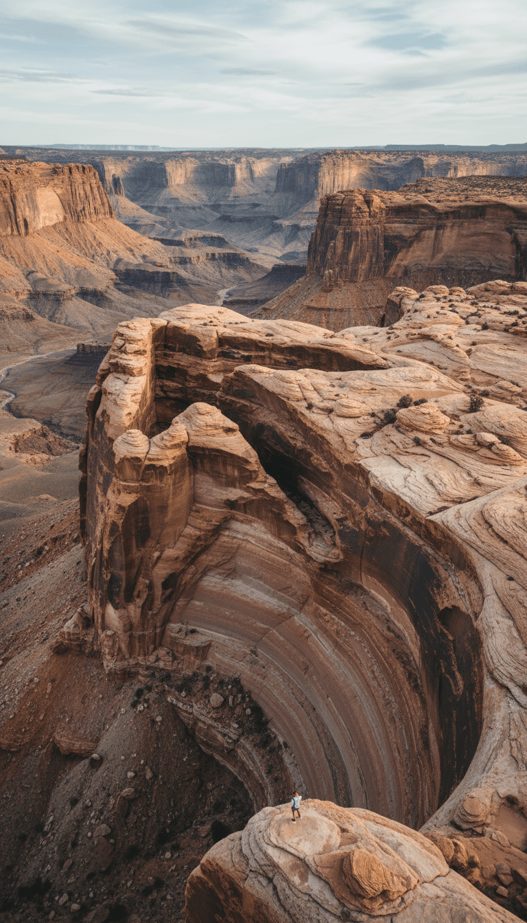 수천 년 동안 침식으로 인해 협곡 옆면에 자연스럽게 새겨진 지질학적 화살표. 흙빛 색조, 광활한 풍경, 거친 질감, 규모감.