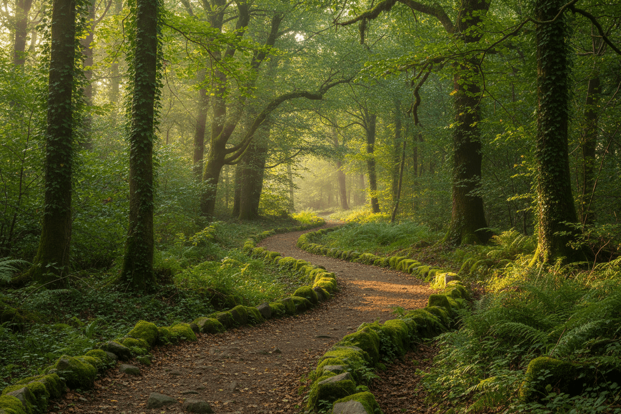 숲 속 깊숙이 이어지는 화살표 모양으로 부드럽게 굽이진 숲길.