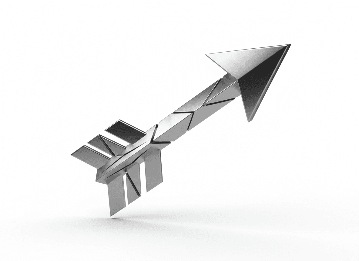 정확한 기하학적 각도를 가진 고도로 반사되는 3D 금속 화살표.