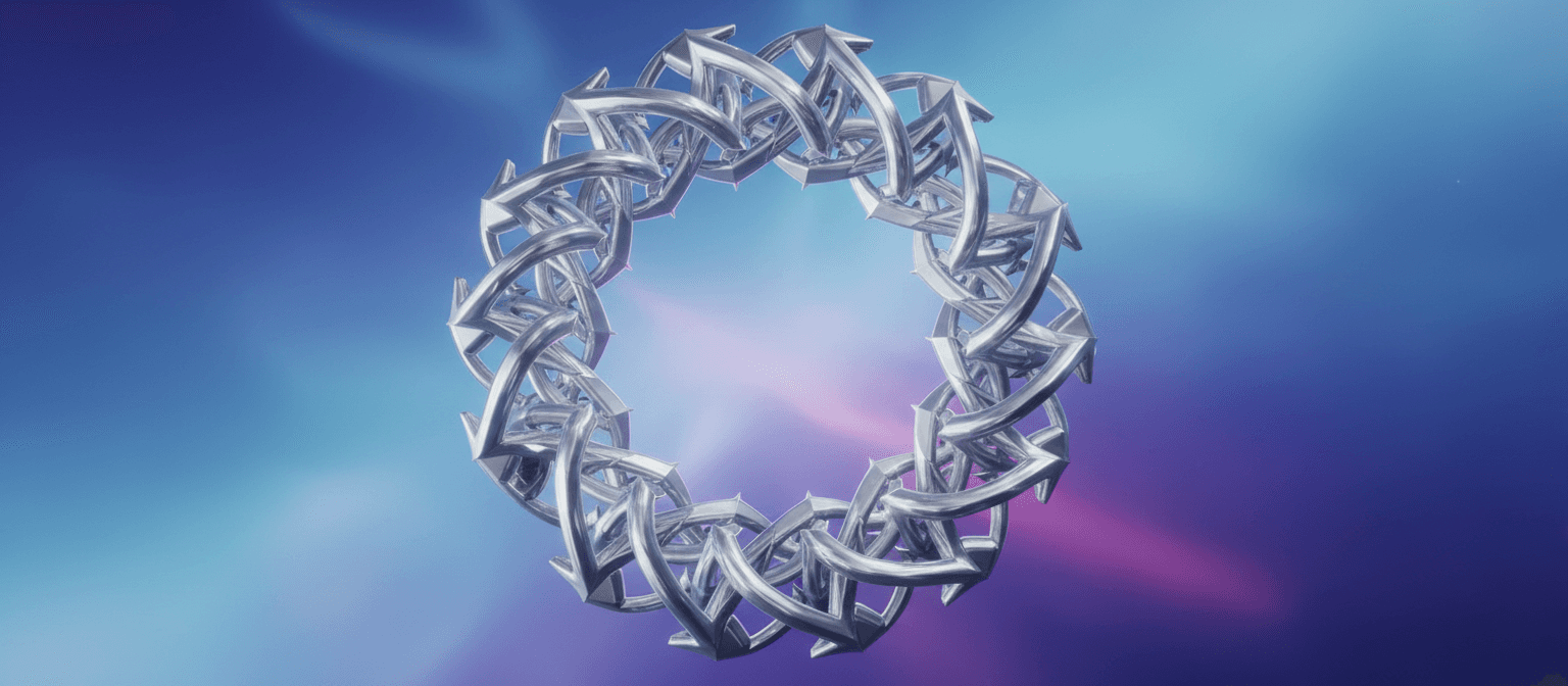 파란색과 보라색 그라데이션 배경에 얽혀 무한한 고리를 만드는 은색 화살표의 추상적인 작품.