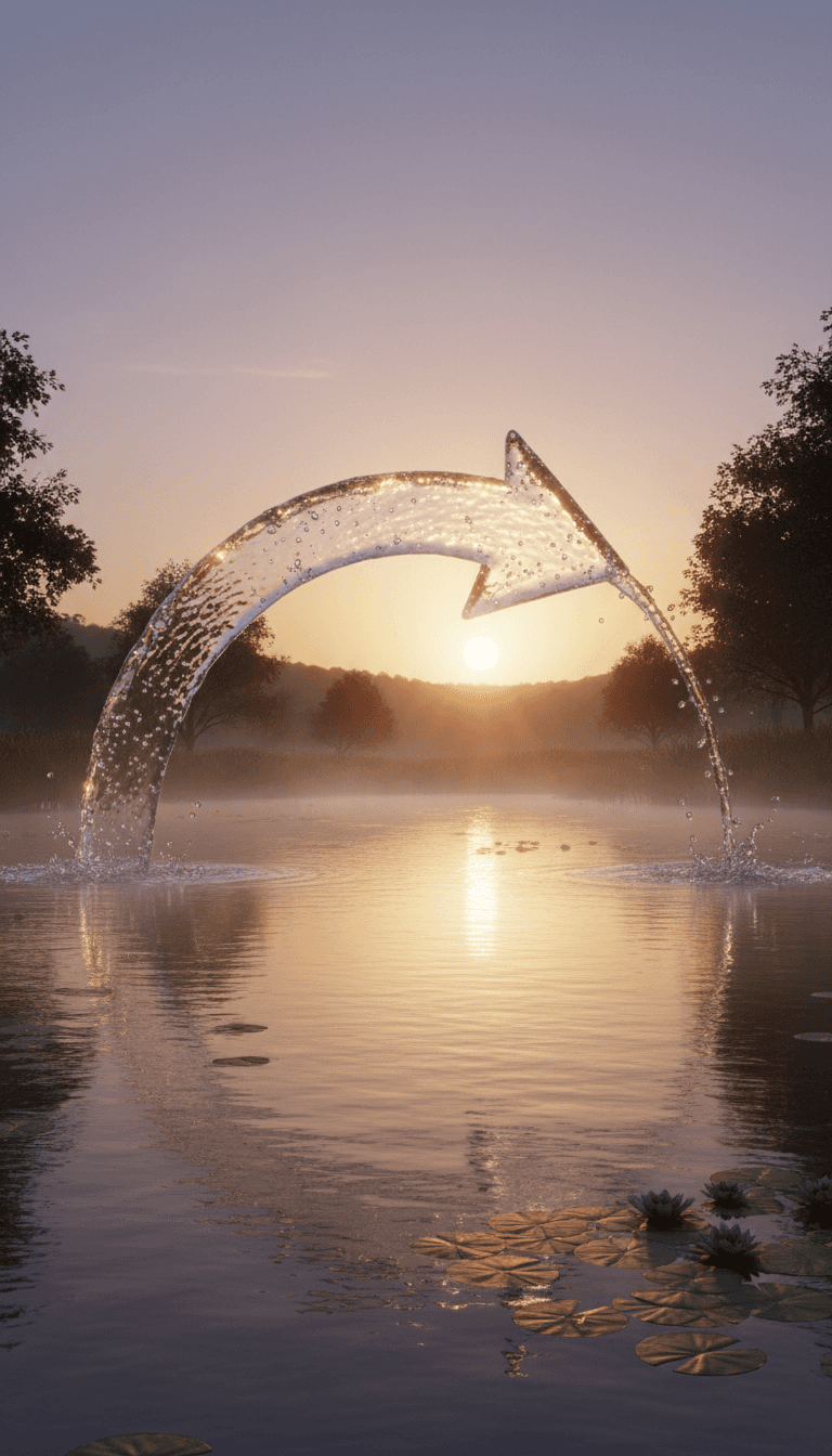 석양에 잔잔한 연못 위로 아치형으로 흐르는 물로 이루어진 화살표.