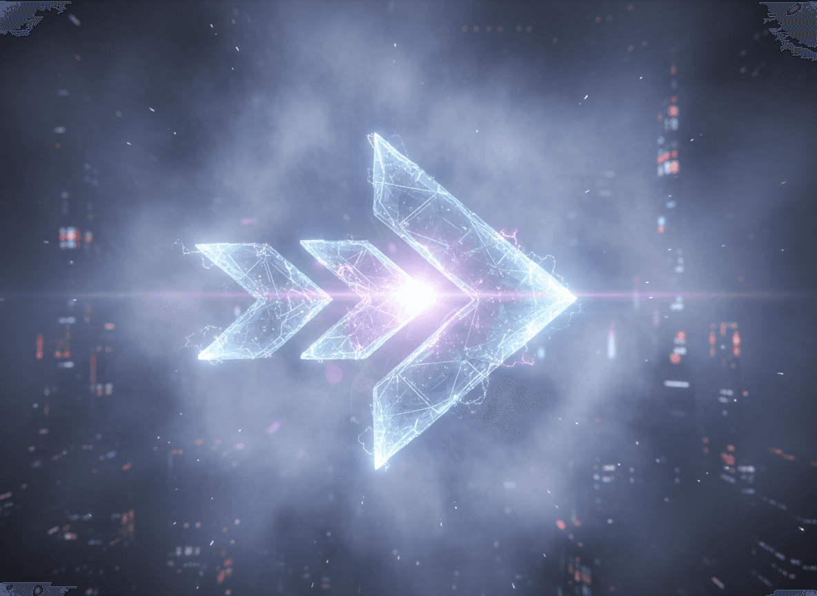 안개 낀 환경에 투영된 미래적인 홀로그램 화살표. 반짝이는 반투명한 윤곽선이 보인다. 하이테크, 영화 같은 품질. 미묘한 렌즈 플레어.