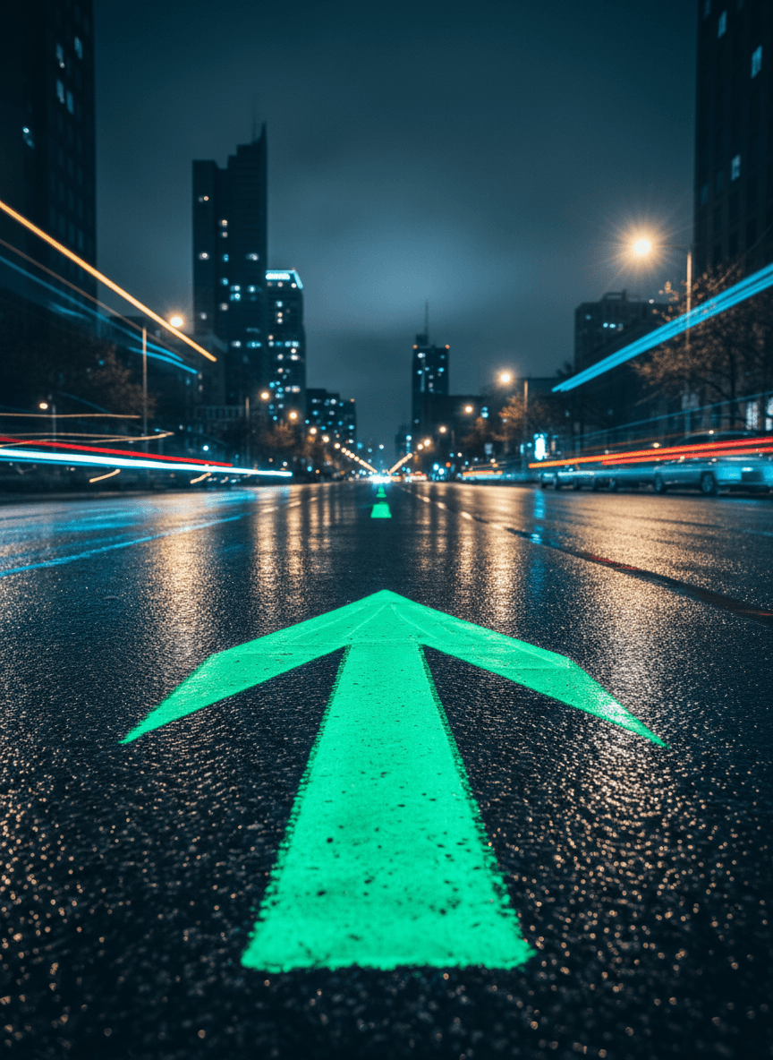 밤에 젖은 아스팔트 도로에 그려진 빛나는 네온 그린 화살표가 가로등을 반사함.