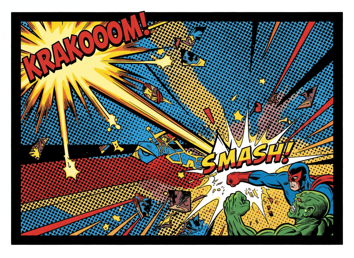 말풍선에서 튀어나와 액션을 가리키는 역동적인 노란색 화살표가 있는 만화책 패널.