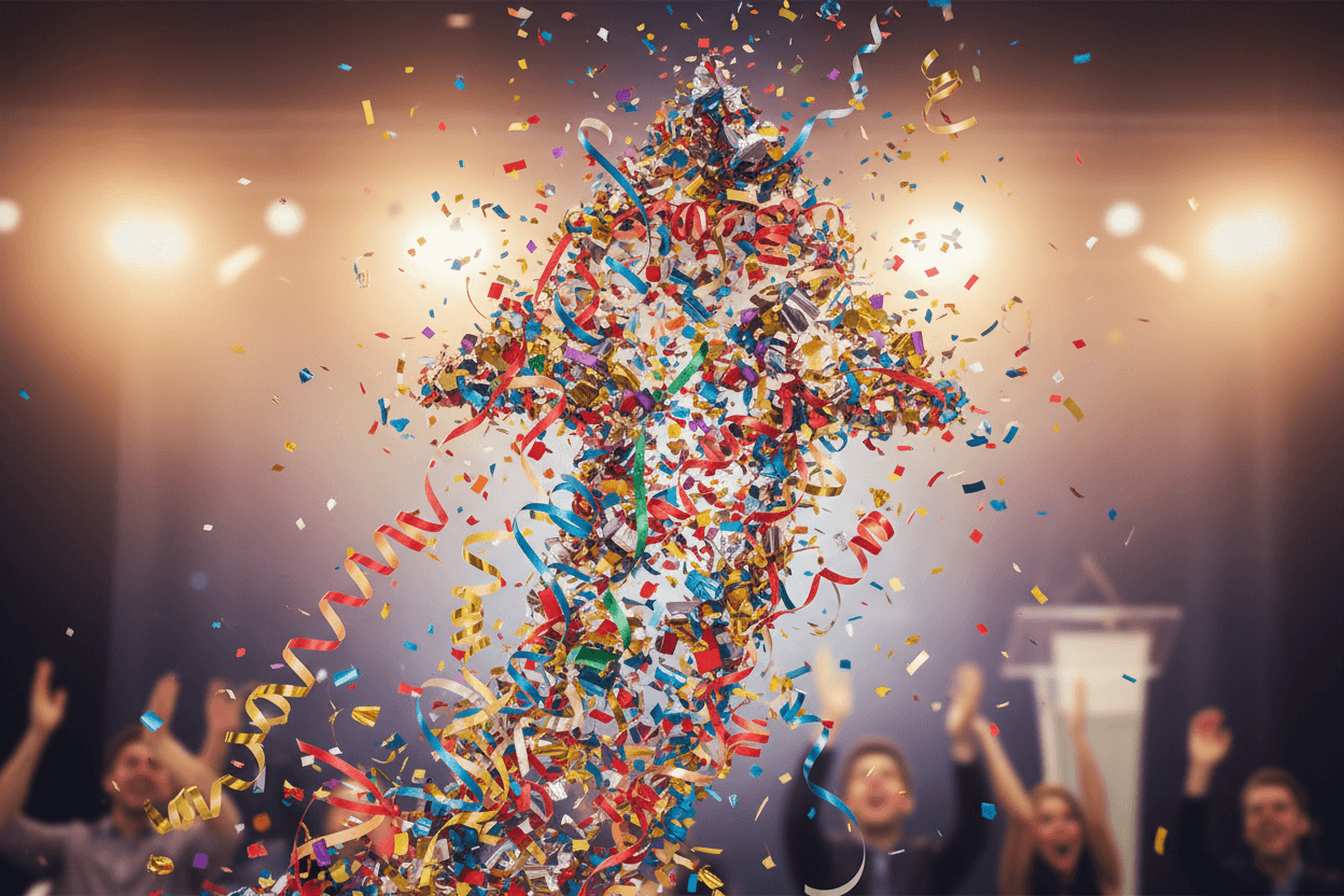 성공과 성취를 축하하며 위를 가리키는 화살표 모양을 이루는 색종이 조각과 색띠.