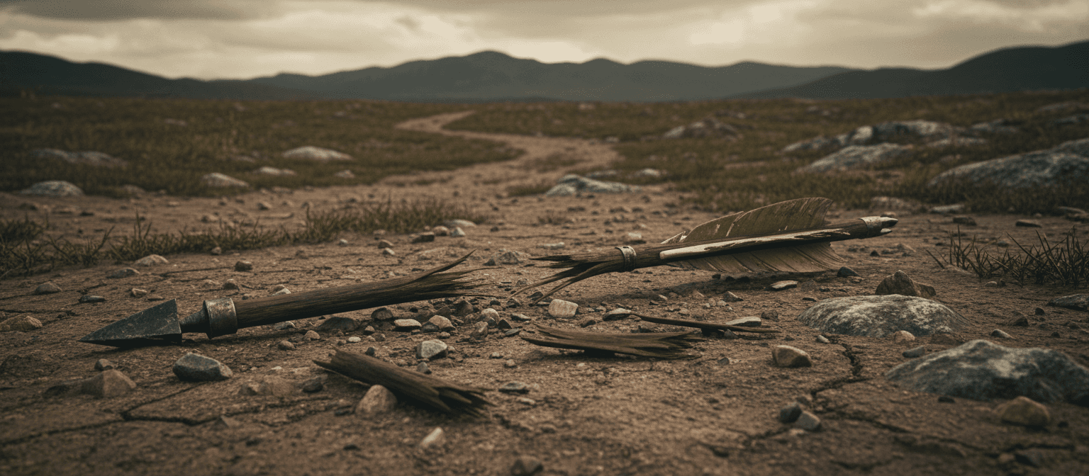땅에 흩어져 있는 부서진 화살표 조각들.