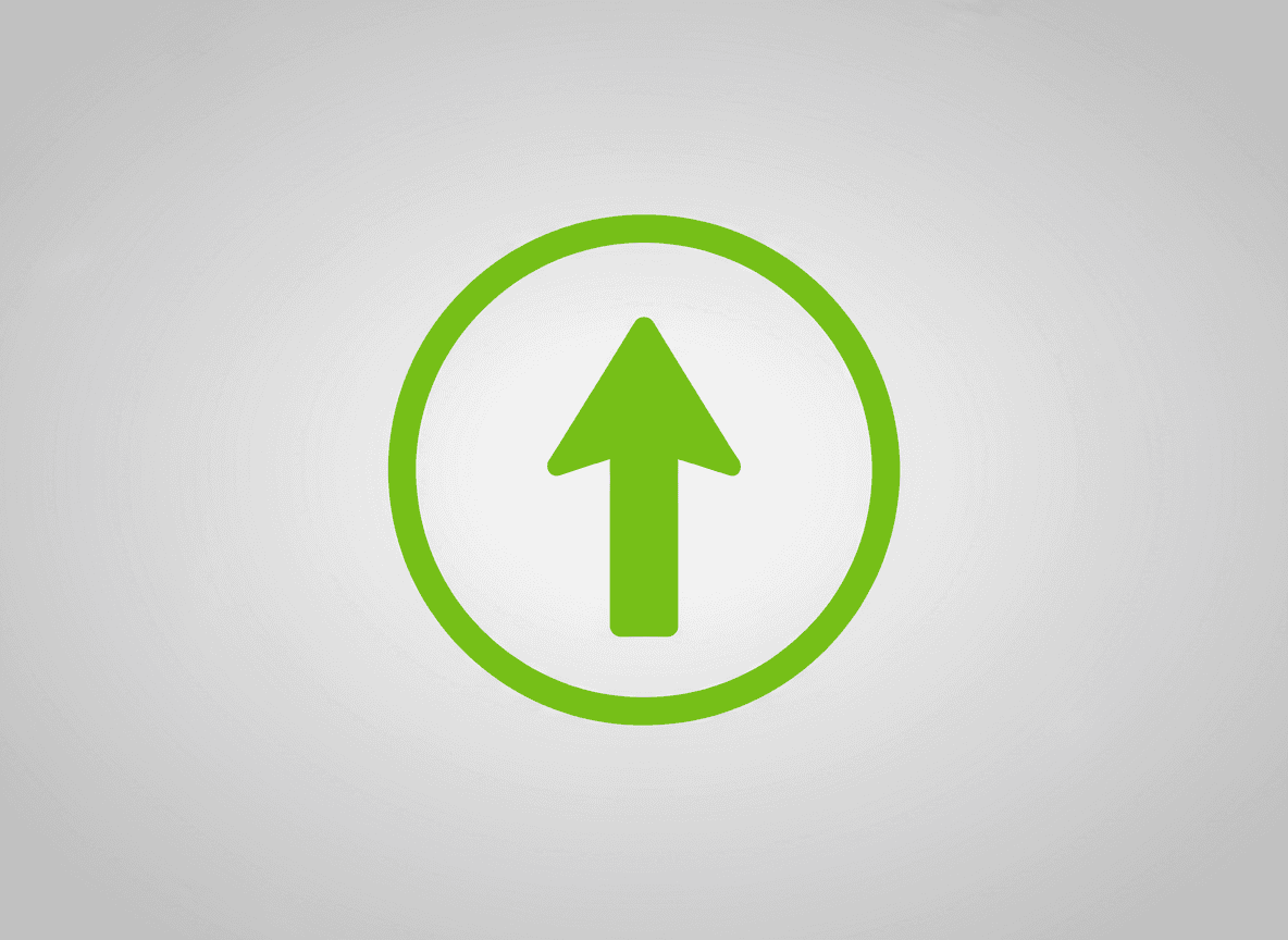 회색 배경에 원형 테두리 안에 있는 밝은 녹색 윤곽선의 최소한의 화살표 아이콘.