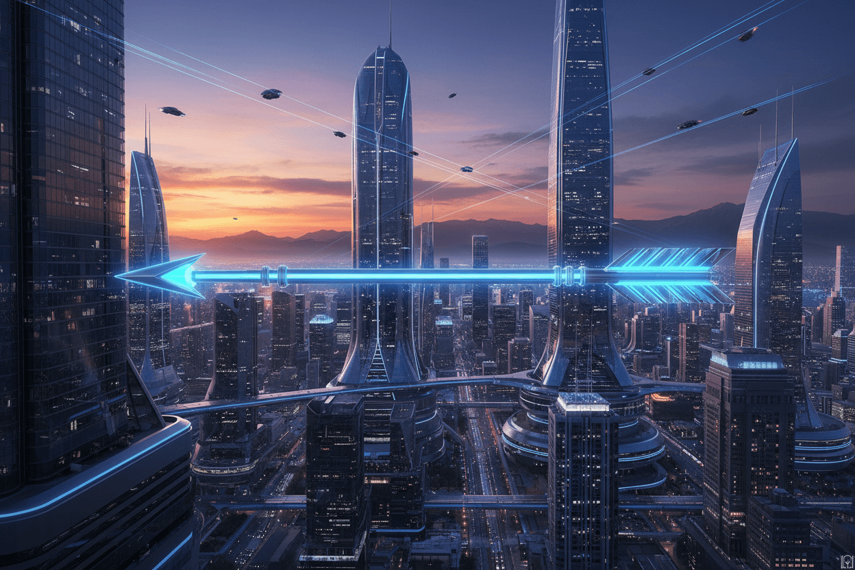 해질녘 미래 도시 위로 떠 있는, 전기가 흐르는 파란색 빛으로 빛나는 세련된 금속 화살표.