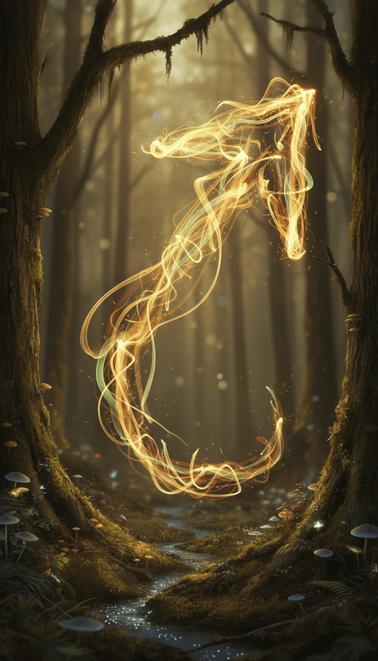 어스름한 마법의 숲에서 수많은 빛나는 반딧불이로 형성된 기발한 화살표. 부드러운 초점, 따뜻한 빛, 꿈같은 느낌, 장노출 효과.