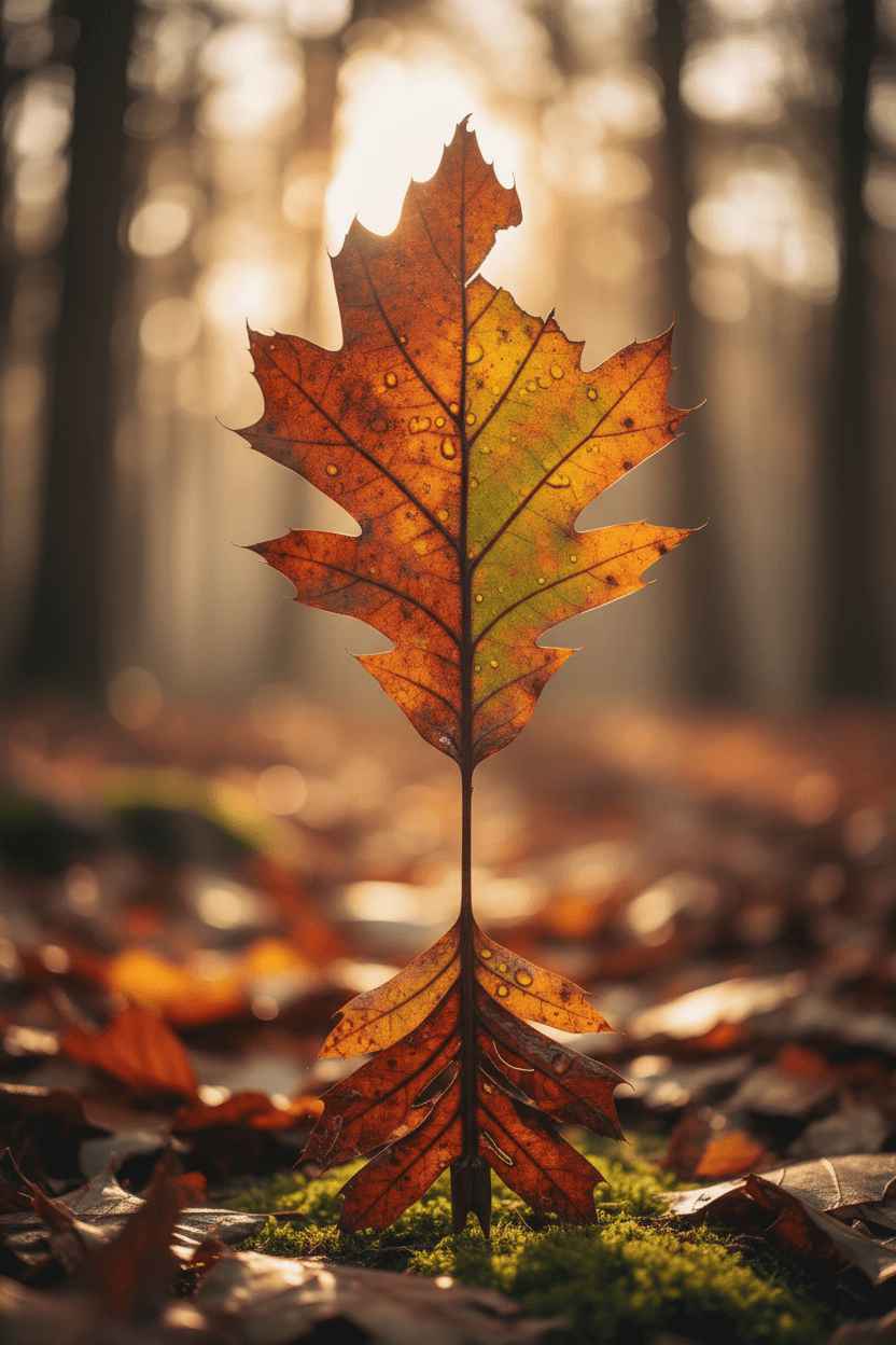 가을 낙엽으로 창조된 예술적인 화살표로, 줄기는 손잡이 역할을 하고 잎은 깃과 화살촉 역할을 함.
