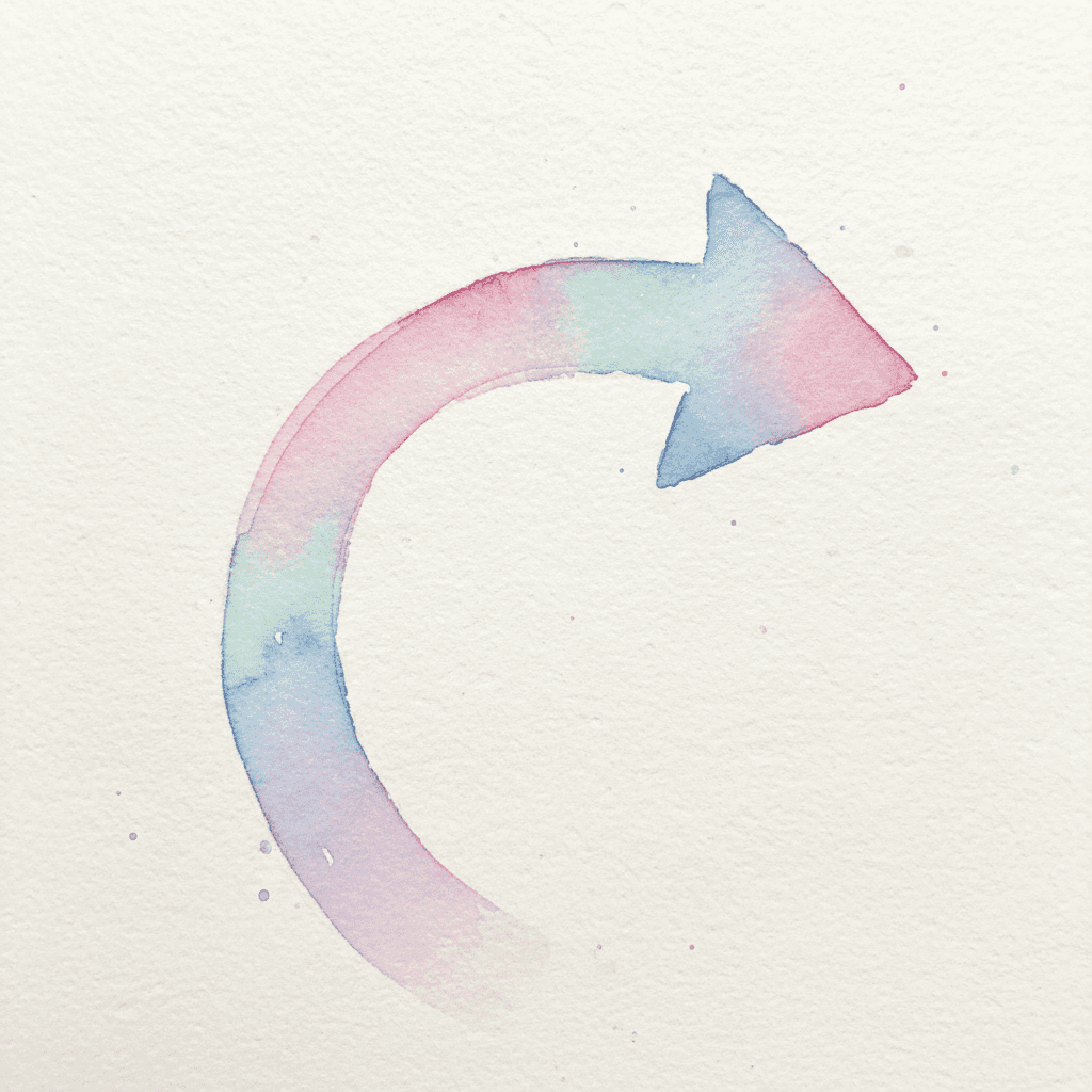 부드러운 가장자리와 파스텔 색상의 섬세한 수채화 화살표가 질감 있는 종이에 그려져 있다. 예술적이고 고요한 순수 예술 스타일. 클로즈업.