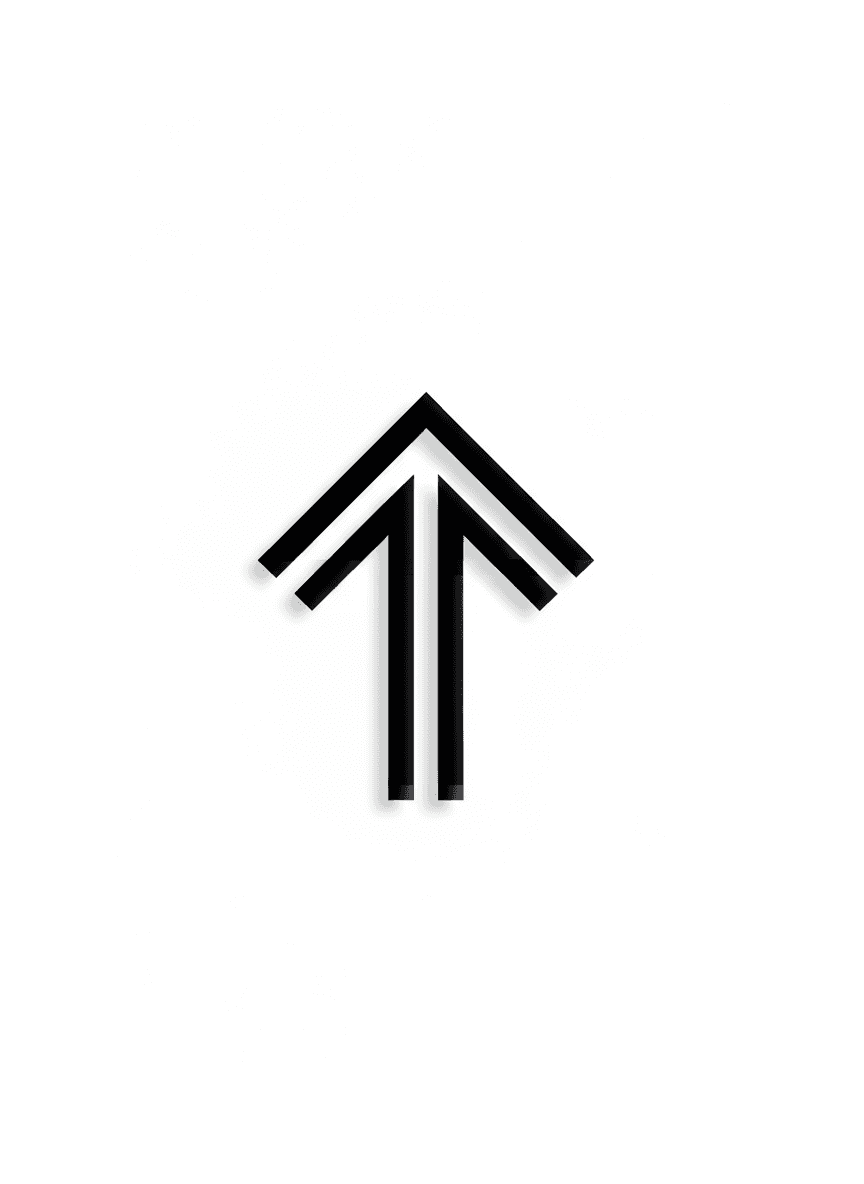 깔끔한 흰색 배경에 교차하는 기하학적 선들로 구성된 미니멀한 검은색 화살표.