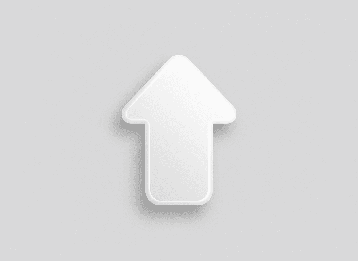 깔끔한 UI 디자인을 위해 연한 회색 배경에 깊고 미묘한 그림자가 드리워진 완벽하게 렌더링된 흰색 3D 화살표 아이콘.