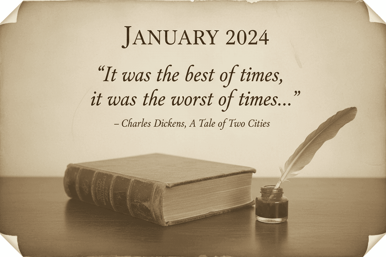 고전 문학 명언과 관련 삽화가 있는 문학 테마의 2024년 달력.