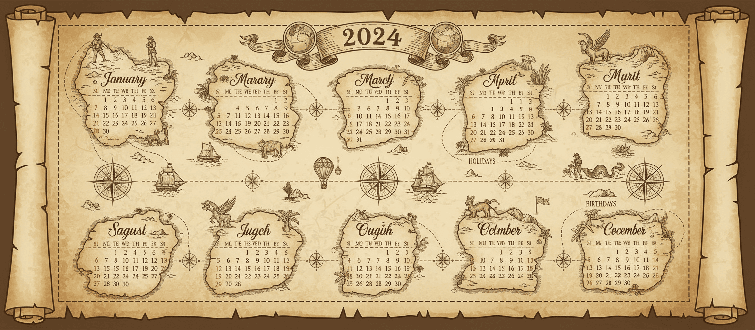 탐험가 모티브가 있는 고대 세피아 톤 지도처럼 디자인된 2024년 달력.