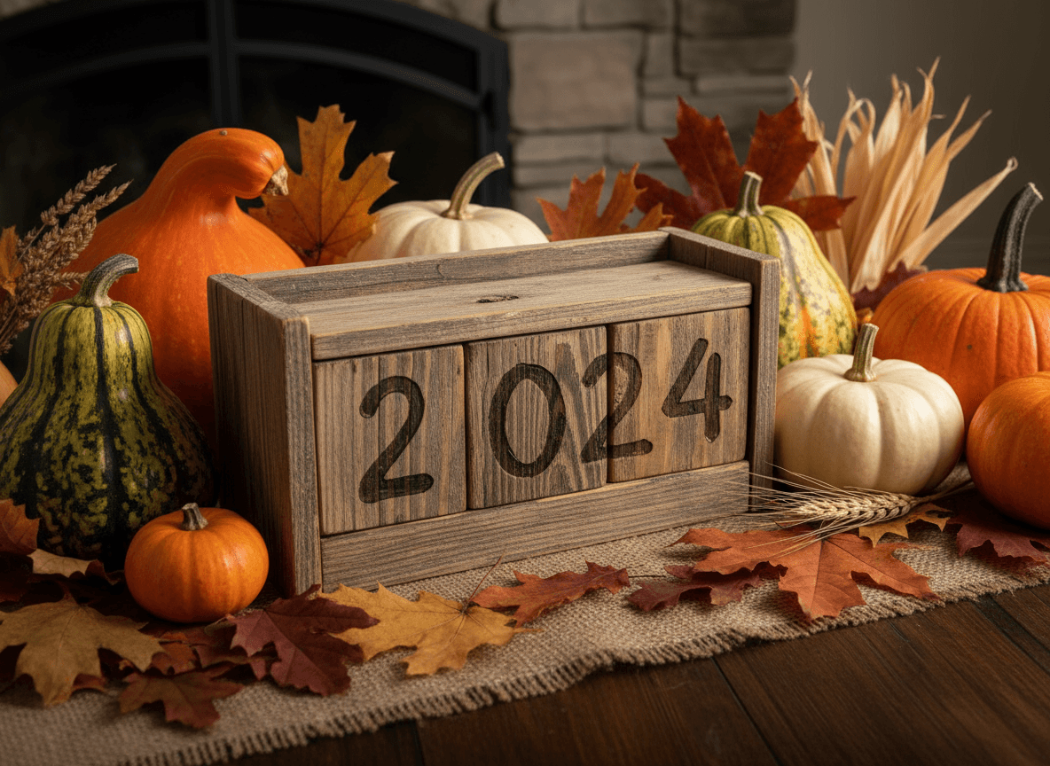 가을 수확 장식품들 사이에 '2024'가 표시된 소박한 나무 블록 달력.