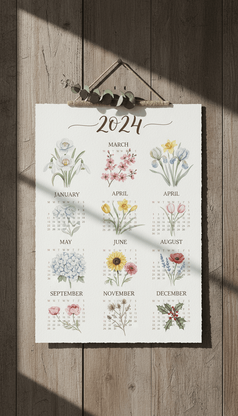 매달 다른 꽃과 잎사귀를 섬세한 수채화로 표현한 아름다운 식물 2024년 달력.