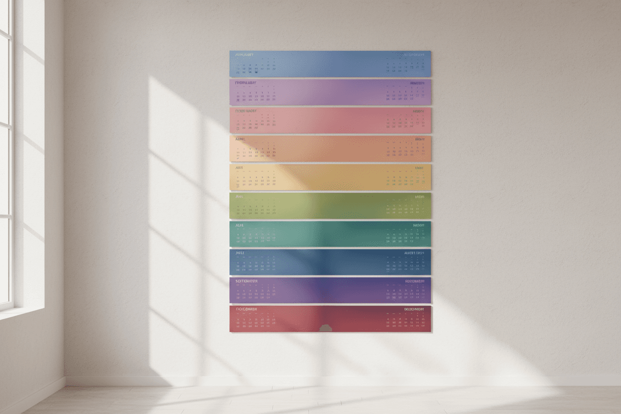 매월 색상 그라데이션이 부드럽게 변하는 현대적인 2024년 달력.