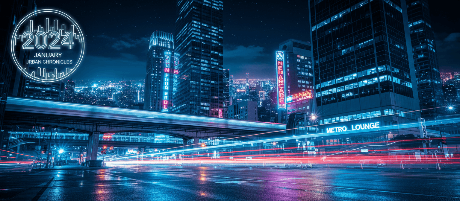 네온사인과 도시 야경이 돋보이는 세련된 2024년 달력.