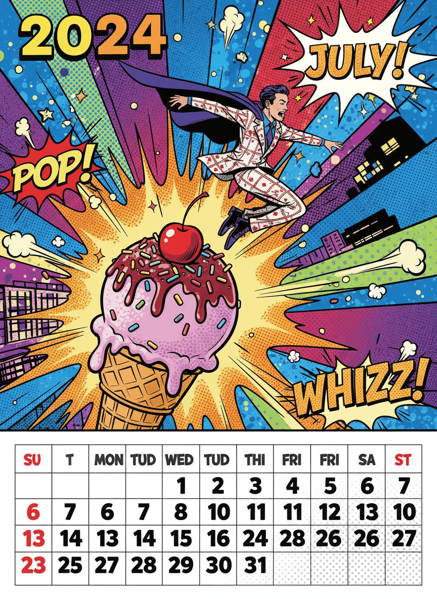 강렬한 색상과 만화책 스타일이 특징인 팝아트 2024년 달력.