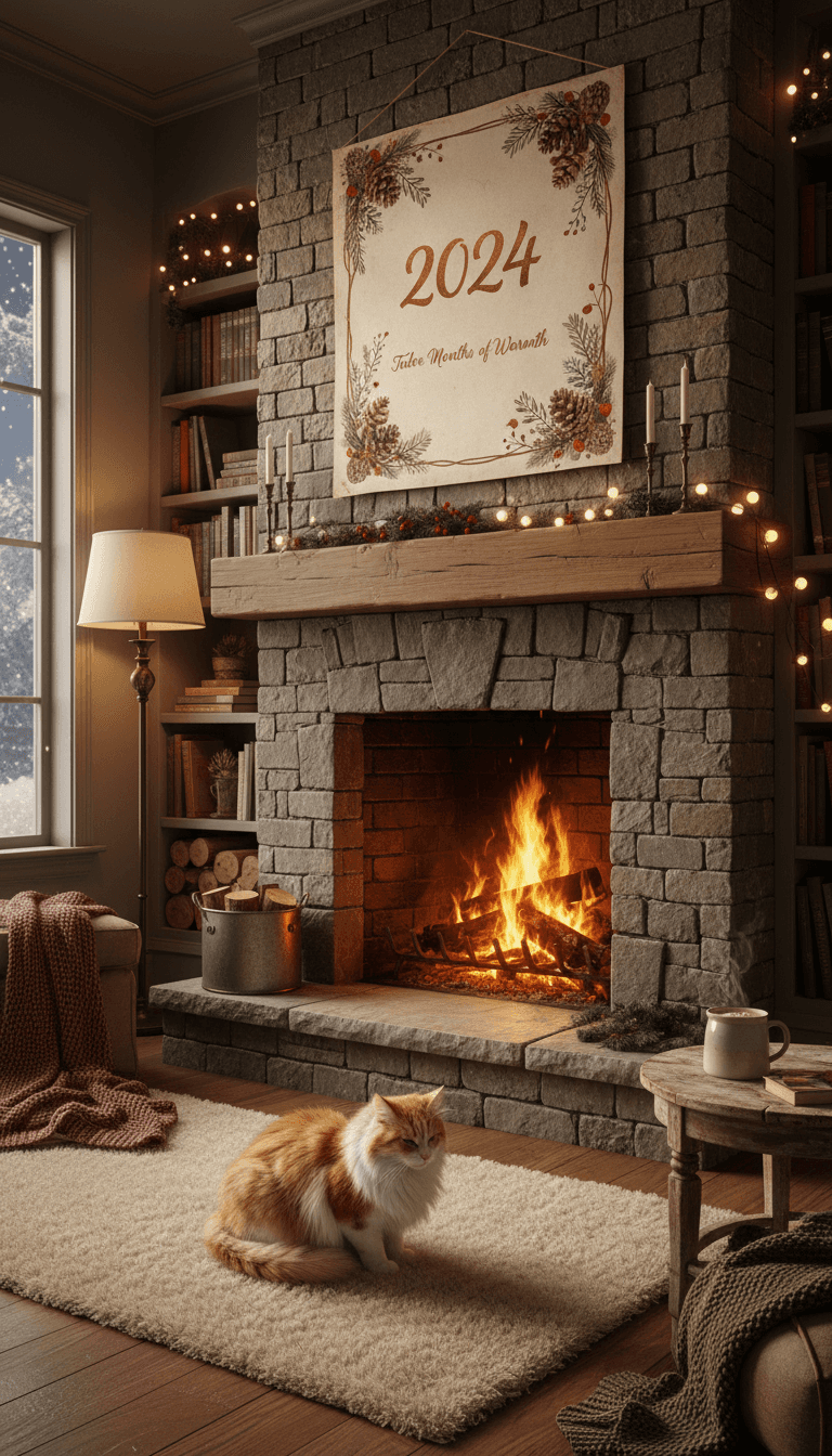 벽난로와 털복숭이 고양이가 있는 아늑한 겨울 풍경에 걸린 소박한 2024년 달력.