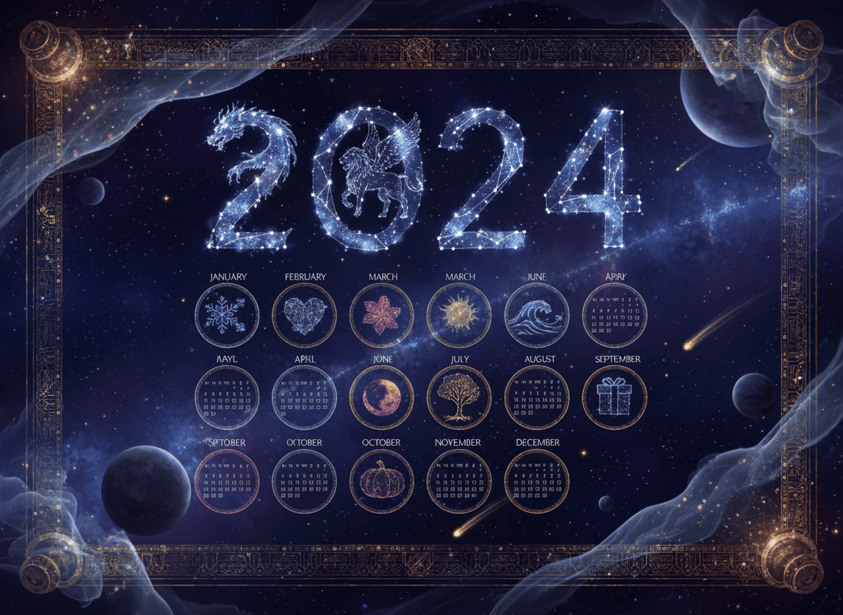 별이 빛나는 밤하늘의 별자리로 이루어진 천상의 2024년 달력.