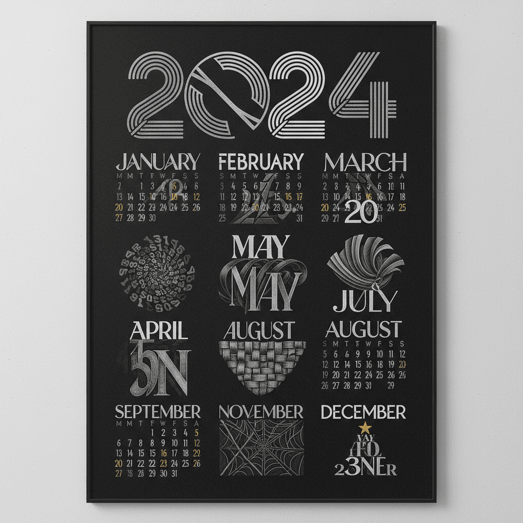 다양한 글꼴과 레이아웃으로 디자인된 타이포그래피 예술 2024년 달력.