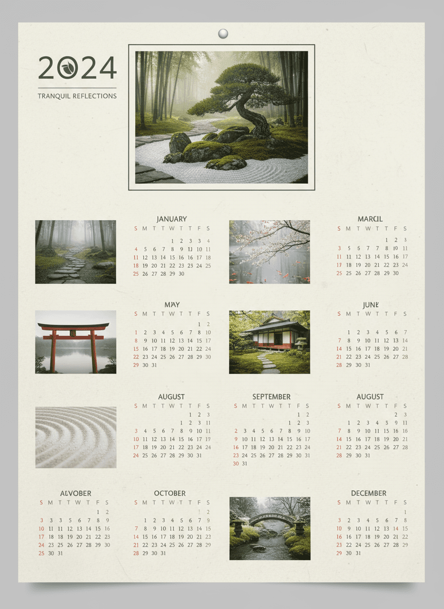 고요한 일본식 정원과 연못이 담긴 평화로운 젠(Zen) 스타일 2024년 달력.