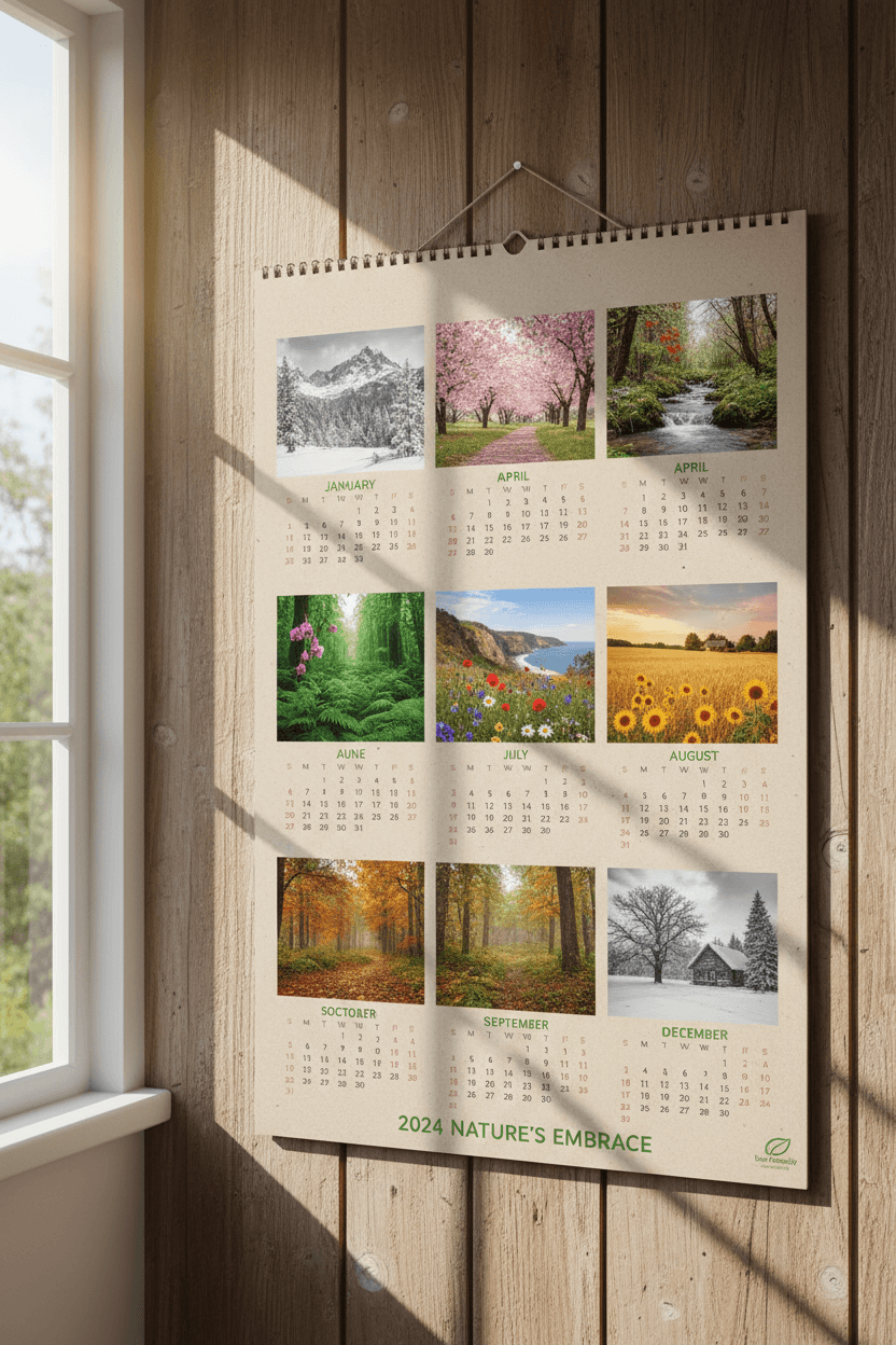 아름다운 풍경 사진이 담긴 자연 테마의 2024년 벽걸이 달력.