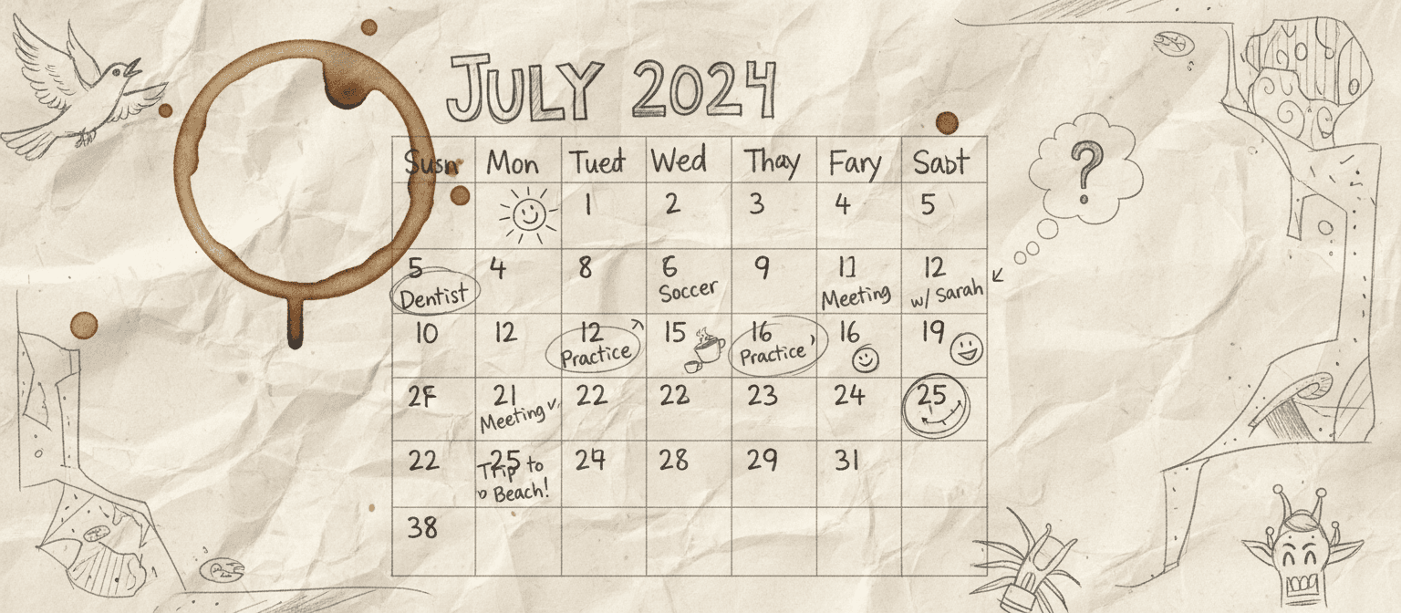 개인적인 메모와 낙서가 쭈글쭈글한 종이에 그려진 캐주얼한 손그림 2024년 달력 스케치.
