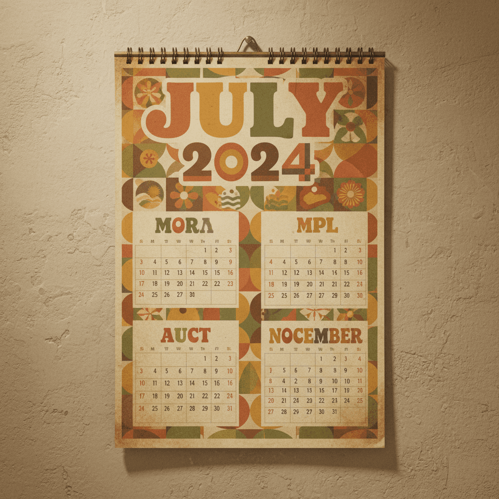 복고풍의 1970년대 스타일 타이포그래피와 차분한 색상의 2024년 벽걸이 달력.