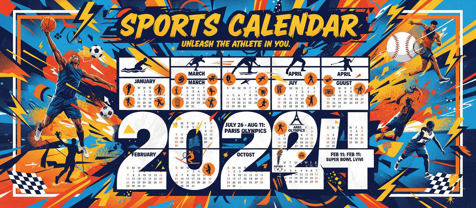 다양한 스포츠 경기의 액션 장면이 날짜와 통합된 활기찬 2024년 스포츠 달력.