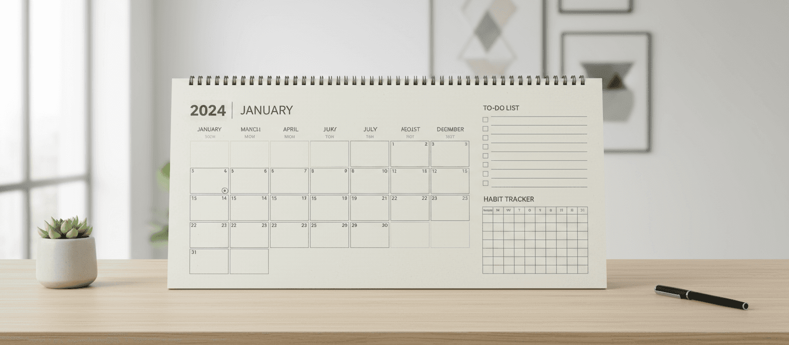 넓은 일일 블록과 습관 추적기가 있는 기능적인 2024년 데스크 패드 달력.