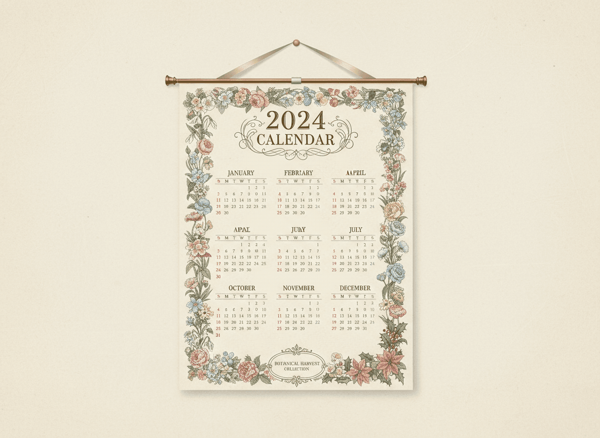 섬세한 꽃무늬와 부드러운 파스텔 색상이 어우러진 우아한 2024년 달력 식물 일러스트.