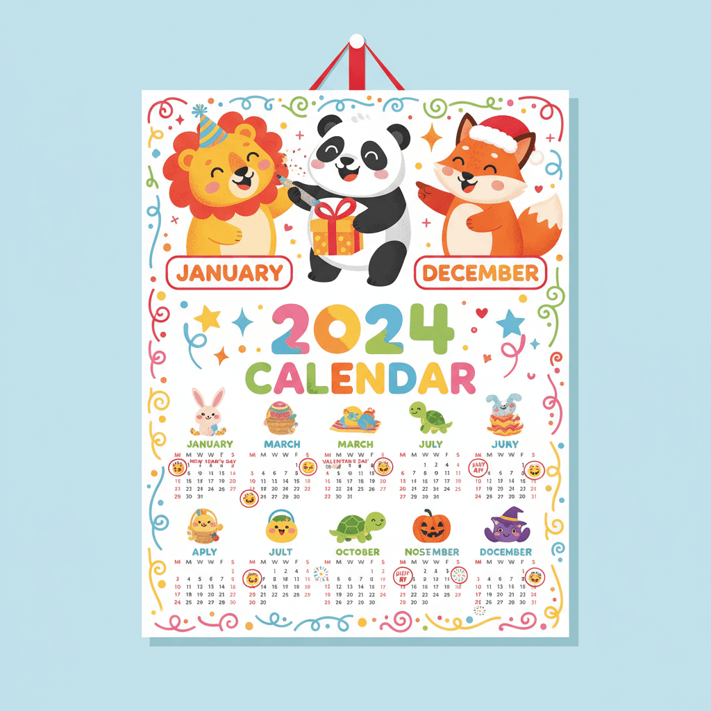 명랑한 동물 캐릭터가 휴일을 표시하는 밝고 활기찬 어린이 만화 스타일 2024년 달력.