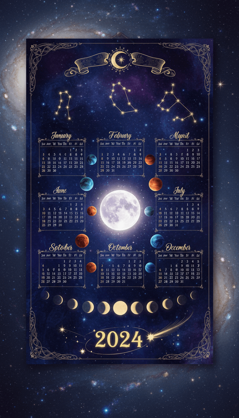 별자리, 행성, 달의 위상이 깊고 푸른 배경에 그려진 우주 테마 2024년 달력.
