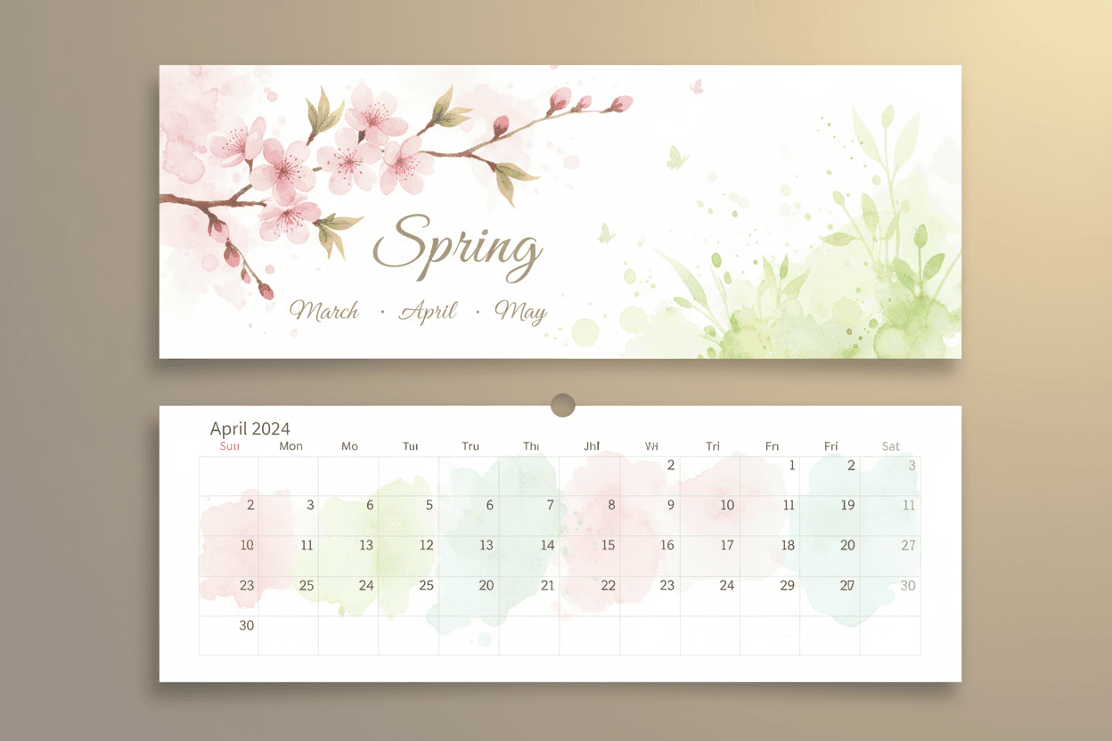 사계절의 특징적인 자연 요소를 수채화로 표현한 2024년 달력.