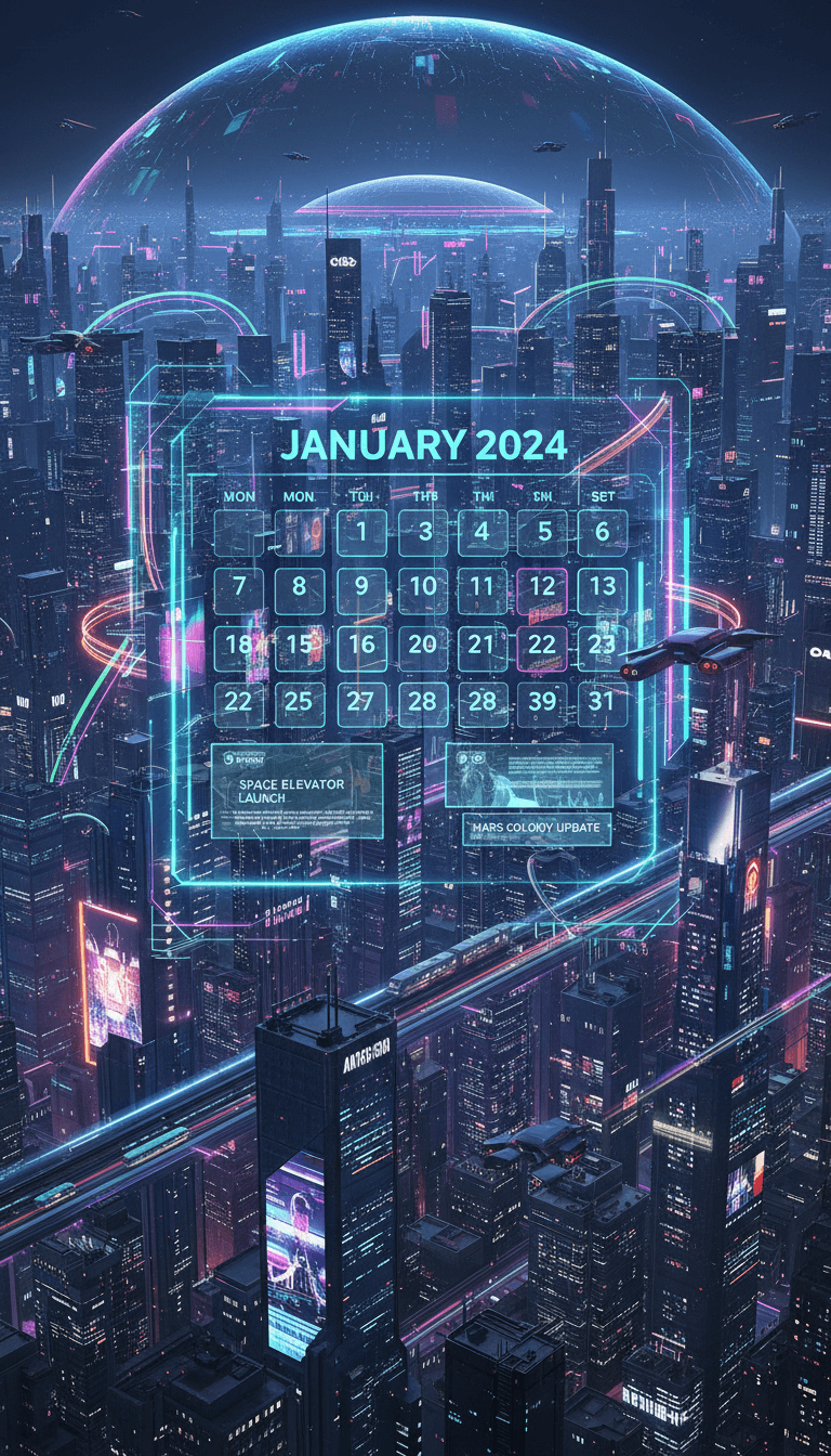 네온 불빛이 있는 미래 도시 풍경에 자리한 홀로그램 2024년 디지털 달력 인터페이스.