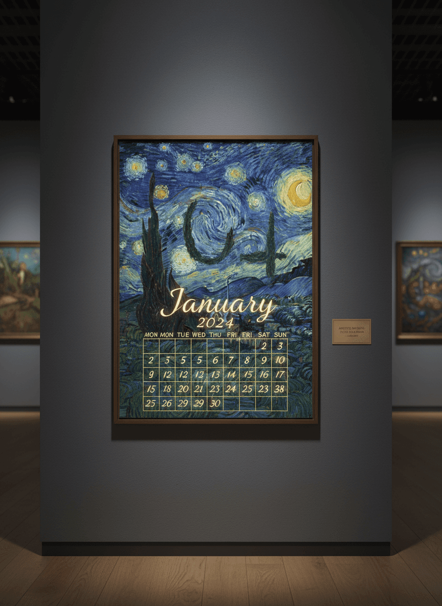 고전 회화 위에 달력 날짜가 겹쳐진 예술적인 2024년 달력.