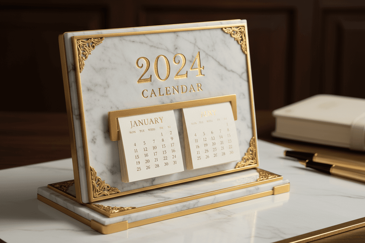 흰색 대리석에 금박 액센트와 세련된 서체가 돋보이는 우아한 2024년 탁상 달력.