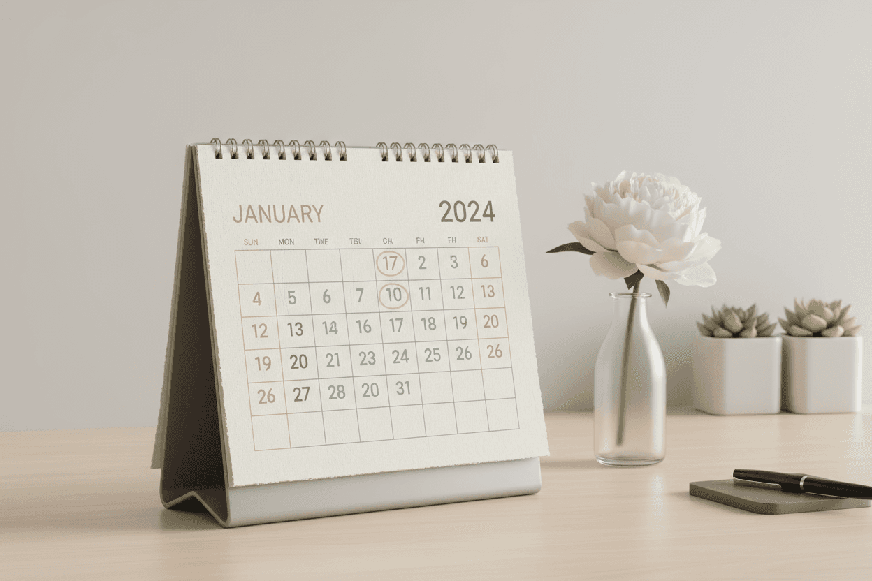 깔끔한 디자인과 부드러운 파스텔 색상이 특징인 미니멀리스트 2024년 탁상 달력.