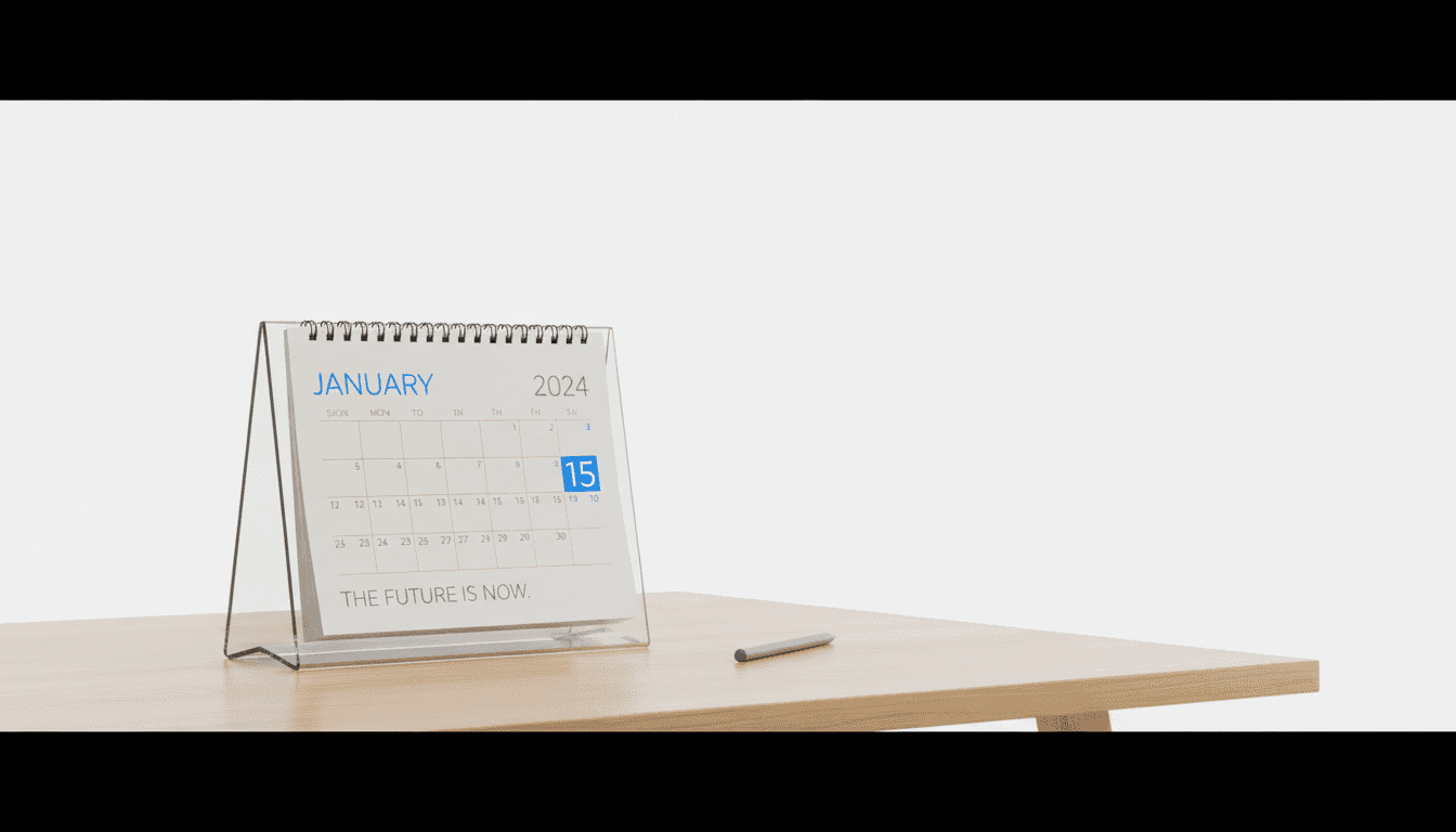 흰색 책상 위에 놓인 미니멀한 디지털 아트 스타일의 세련된 2024년 달력.