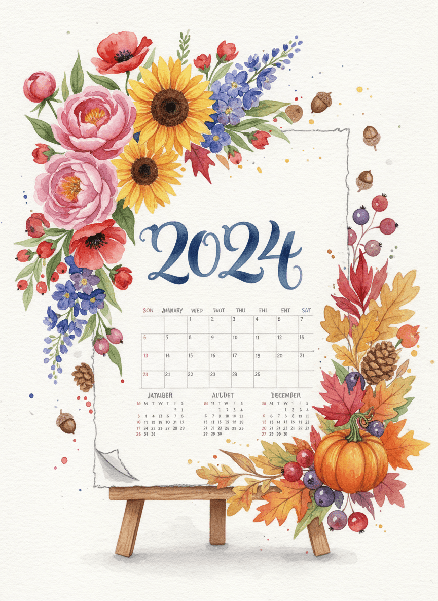 화려한 계절 꽃과 나뭇잎으로 장식된 2024년 달력의 수채화.