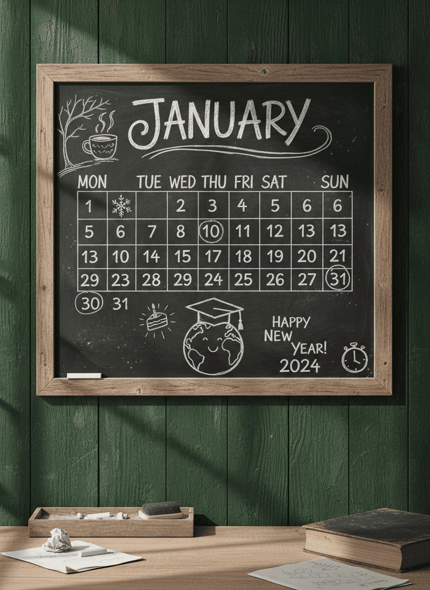 손글씨 효과와 분필 그림이 특징인 소박한 칠판 스타일의 2024년 달력.