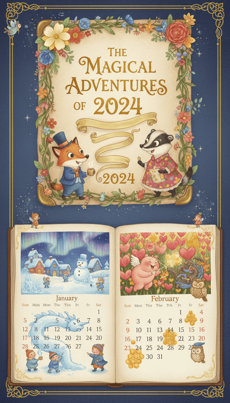 각 달마다 마법 같은 장면에 나오는 만화 캐릭터가 그려진 기발한 동화 스타일의 2024년 달력.