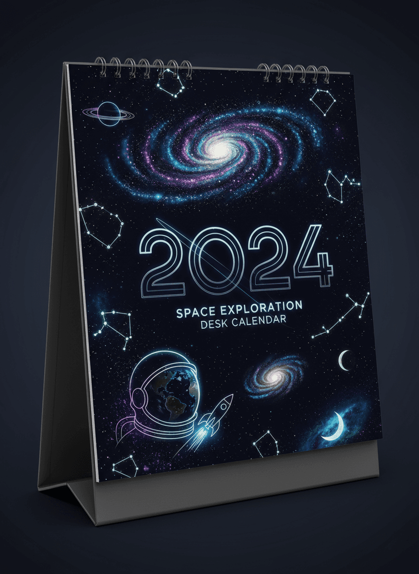 선명한 천문학적 이미지와 별자리가 있는 우주 테마의 2024년 탁상 달력.