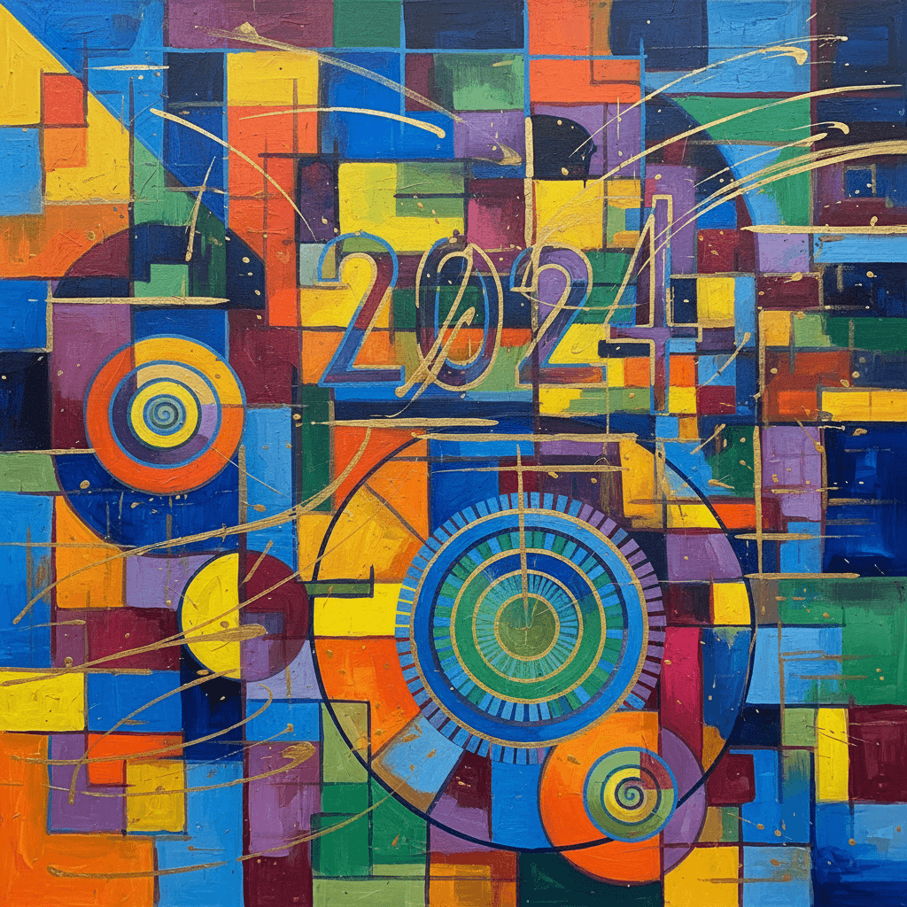 시간과 2024년 달력의 개념을 생생한 기하학적 형태로 표현한 추상 표현주의 회화.